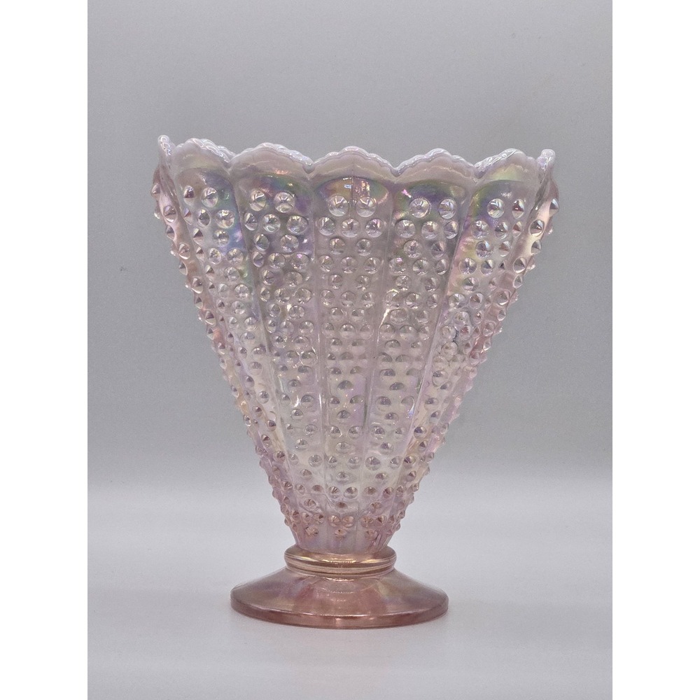 Fenton Glass 95th Anniversary Iridized Pink Opalescent Hobnail‎ Fan Vase 8"